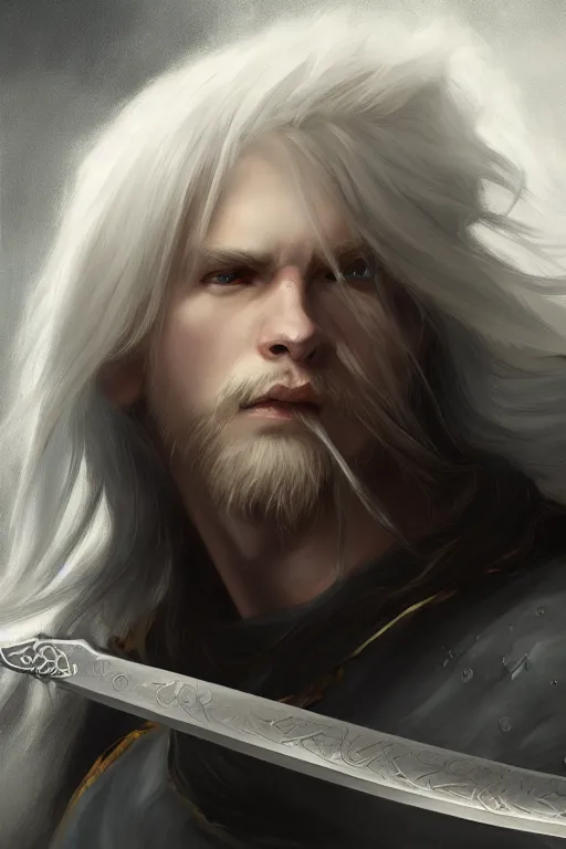Image similar to fantasy painting of a long-haired albino with a black blade, painted by Bayard Wu, ultra detailed, 8k