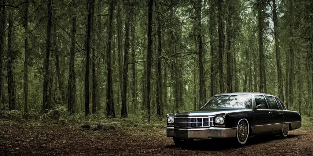 Image similar to a beautiful widescreen photo of a old cadillac in a dark forest, with a old laughing happy old man with long hair, long beard, in a dark forest low light, by dimitri mellos