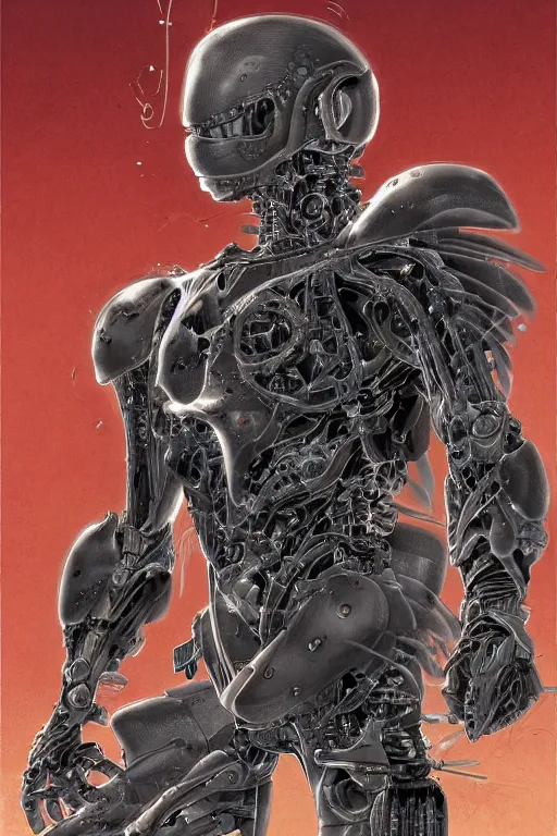 Prompt: powerful biomechanical soldier enhanced using a nanosuit with artificial muscles under the armor plating, at dusk, a color cover illustration by tsutomu nihei, tetsuo hara and katsuhiro otomo