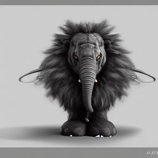 Image similar to a new creature that looks like a combination between an elephant and a lion, has a trunk and big ears yet also fur and a beautiful mane, very furry , concept art, trending on artstation 3D.