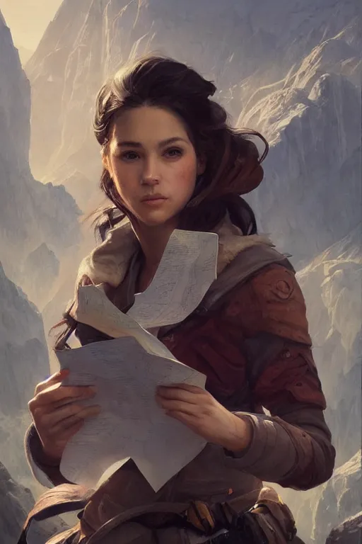 Prompt: A portrait of a beautiful female explorer holding a map, full body shot, fantasy, mountainous terrain, action shot, trending on artstation, clear portrait, 4K, by Greg Rutkowski