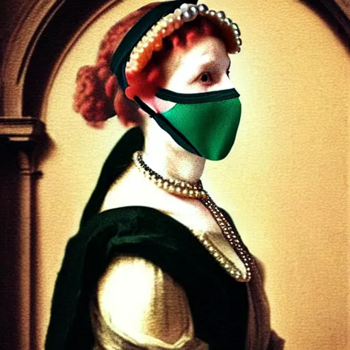 Prompt: a woman wearing a mask with pearls on it, a colorized photo by michelangelo, reddit, rococo, adafruit, art, rococo