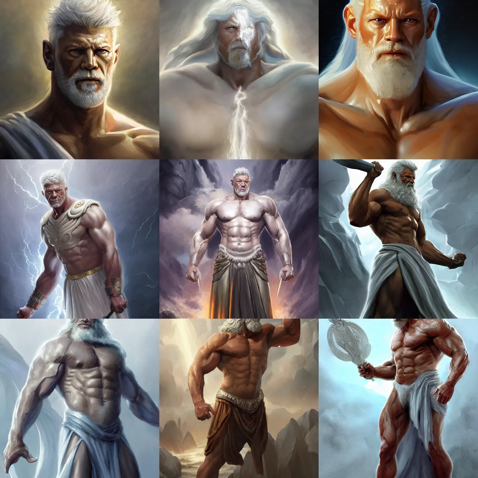 Prompt: zeus, stephen lang, white tunic, muscular, lightning, storm, D&D, fantasy, highly detailed, digital painting, trending on artstation, concept art, sharp focus, illustration, art by artgerm and greg rutkowski and magali villeneuve