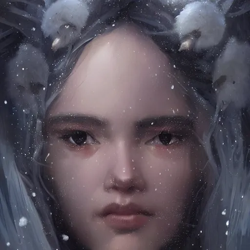 Image similar to a beautiful portrait of an winter goddess with ice hair by Greg Rutkowski and Raymond Swanland, snowflakes falling, Trending on Artstation, ultra realistic digital art