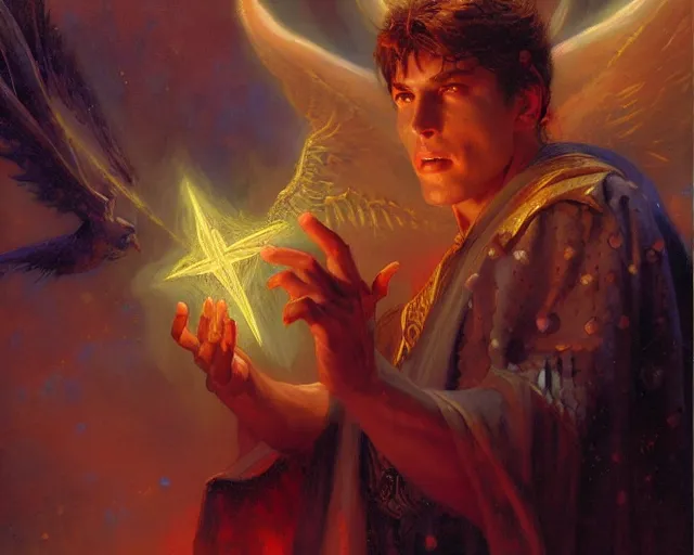 Image similar to attractive male deity, casting demonic magic, summoning handsome lucifer morning star. highly detailed painting by gaston bussiere, craig mullins, j. c. leyendecker 8 k