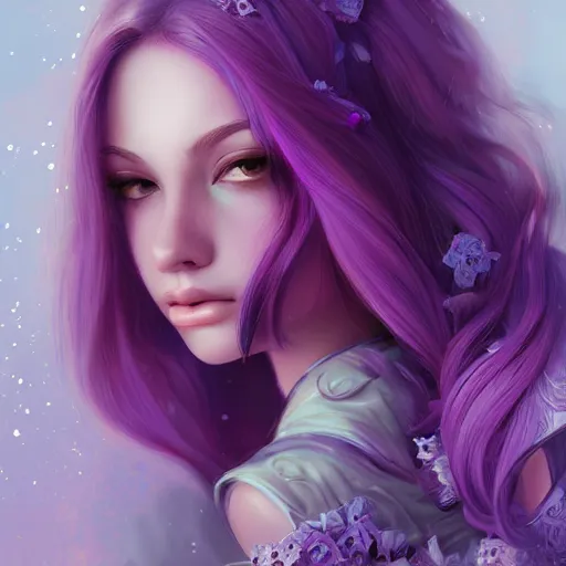 Image similar to teen girl, violet hair, gorgeous, amazing, elegant, intricate, highly detailed, digital painting, artstation, concept art, sharp focus, illustration, art by ross tran