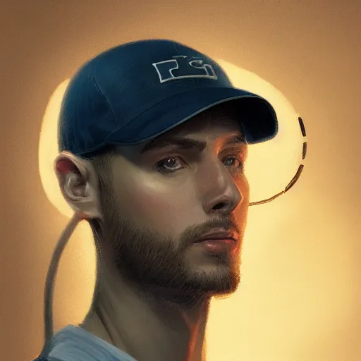 Image similar to portrait of tyler the crestor with baseball hat, staring directly into camera, intricate, elegant, glowing lights, highly detailed, digital painting, artstation, sharp focus, illustration, art by wlop, mars ravelo and greg rutkowski