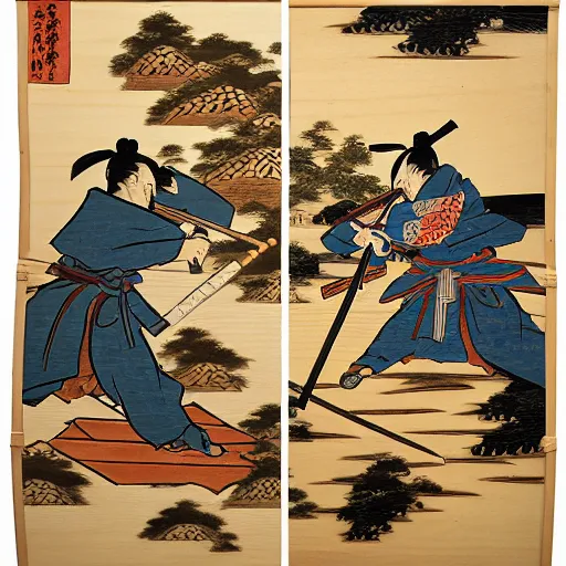 Image similar to two samurai battle each other with different banner, one with tortoise banner, one with wolf banner, wood block painting style, outline style, hand drawn style, hokusai style, circa 1 5 0 0 s, history, legendary battle, epic battle, breath taking, piece of history, museum collection, scretch, dust, grain, noise, on wood