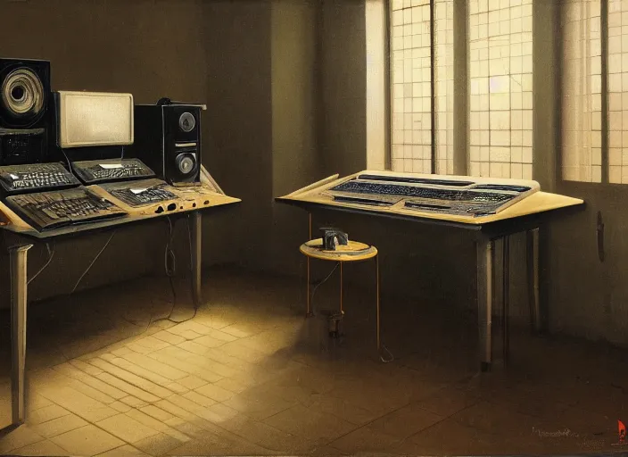 Prompt: still life painting of a retro electronics supercomputer workstation by pieter claesz, oil on canvas, blade runner vibes, syd mead concept art, strong lighting, highly detailed, ultrawide monitor master race, battlestation, hyper realism, golden hour, god rays, hd, 4 k