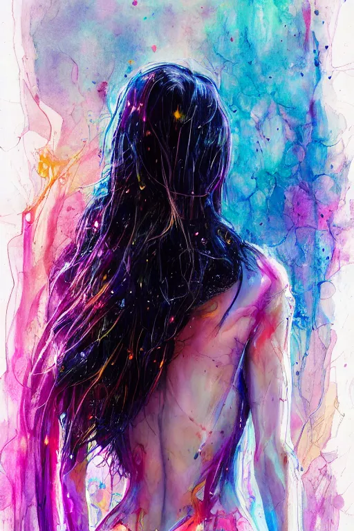 Image similar to gal gadot by agnes cecile enki bilal moebius, intricated details, 3 / 4 back view, full body portrait, extremely luminous bright design, pastel colours, drips, autumn lights