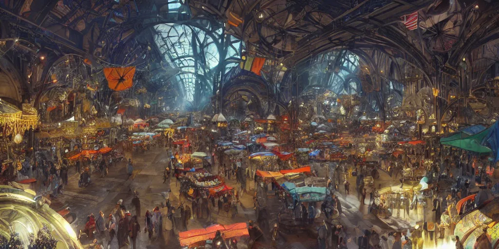 Prompt: a vibrant lively joyous marketplace on the edge of space, in a massive cavernous iron city, dappled light, tudor architecture, flags, colossal arcing metal structures high in the cavernous metal interior, sci - fi, beautiful, awe inspiring, by james gurney, greg rutkowski, sparth, thomas kinkaide, escher, cinematography, cinematic masterpiece