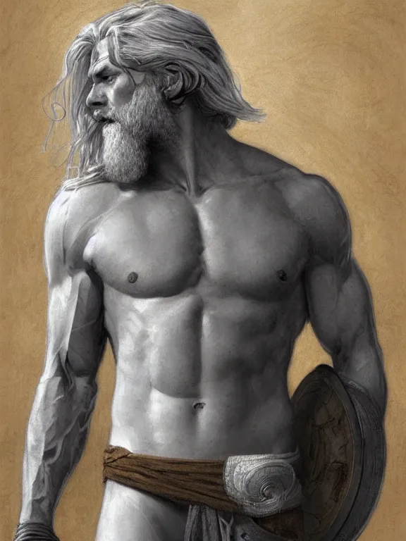 Image similar to painted portrait of rugged thor, god of thunder, norse god, white hair, masculine, mature, handsome, upper body, grey and silver, muscular, hairy torso, fantasy, intricate, muscular, elegant, highly detailed, digital painting, artstation, concept art, smooth, sharp focus, illustration, art by gaston bussiere and alphonse mucha