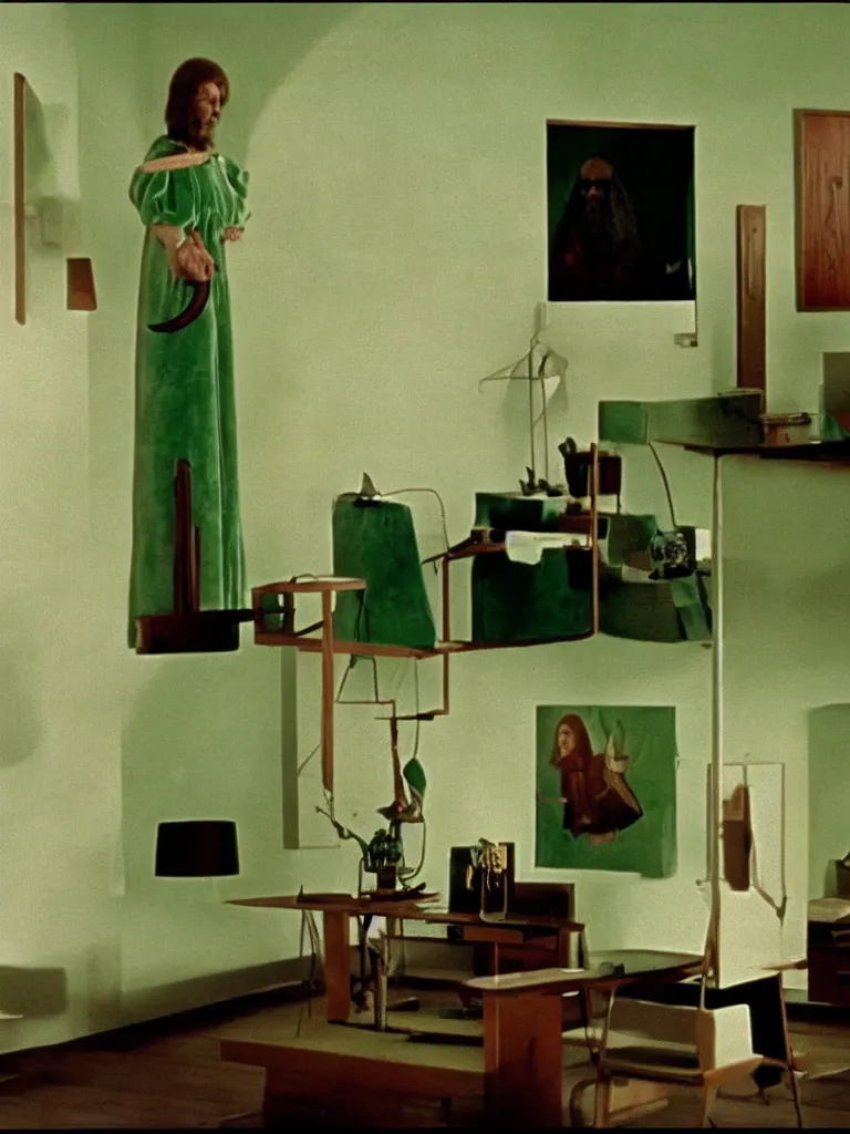 Image similar to a still of severance series indoor 7 0 s green velvet and wood with metal furniture office scenario appearing in a film of jodorowsky, in movie holy mountain ( 1 9 7 3 )