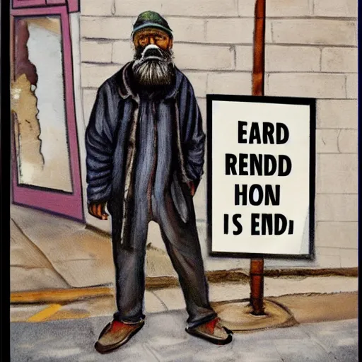 Image similar to a painting of a homeless man with a beard on the street with a sign that says 'The End is Near'