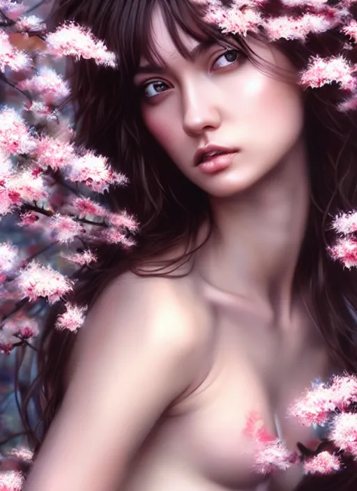 Image similar to photo of a gorgeous female with messy hair in the style of stefan kostic, realistic, body shot, sharp focus, 8 k high definition, insanely detailed, intricate, elegant, art by stanley lau and artgerm, cherry blossoms