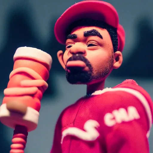 Image similar to a cinematic film still of a claymation stop motion film starring chance the rapper as a college student, shallow depth of field, 8 0 mm, f 1. 8