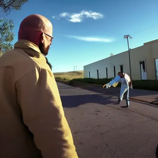 Image similar to pov of a man fighting walter white, first person view, realistic, street fight