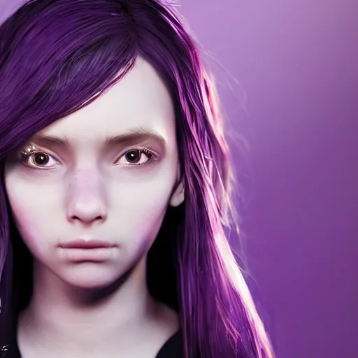 Image similar to artstation young teen with purple eyes and tiny and very thin tentacles on her head, in despair, very detailed, portrait, high contrast, unreal engine 5