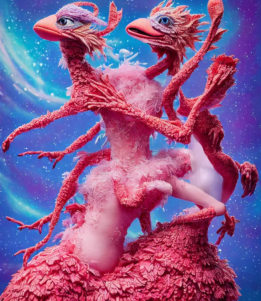 Prompt: hyper detailed 3d render like a Oil painting - kawaii portrait of lovers Aurora (a beautiful girl skeksis muppet fae princess protective playful expressive acrobatic from dark crystal that looks like Anya Taylor-Joy) seen red carpet photoshoot in UVIVF posing in scaly dress to Eat of the Strangling network of yellowcake aerochrome and milky Fruit and His delicate Hands hold of gossamer polyp blossoms bring iridescent fungal flowers whose spores black the foolish stars by Jacek Yerka, Ilya Kuvshinov, Mariusz Lewandowski, Houdini algorithmic generative render, golen ratio, Abstract brush strokes, Masterpiece, Edward Hopper and James Gilleard, Zdzislaw Beksinski, Mark Ryden, Wolfgang Lettl, hints of Yayoi Kasuma and Dr. Seuss, Grant Wood, octane render, 8k