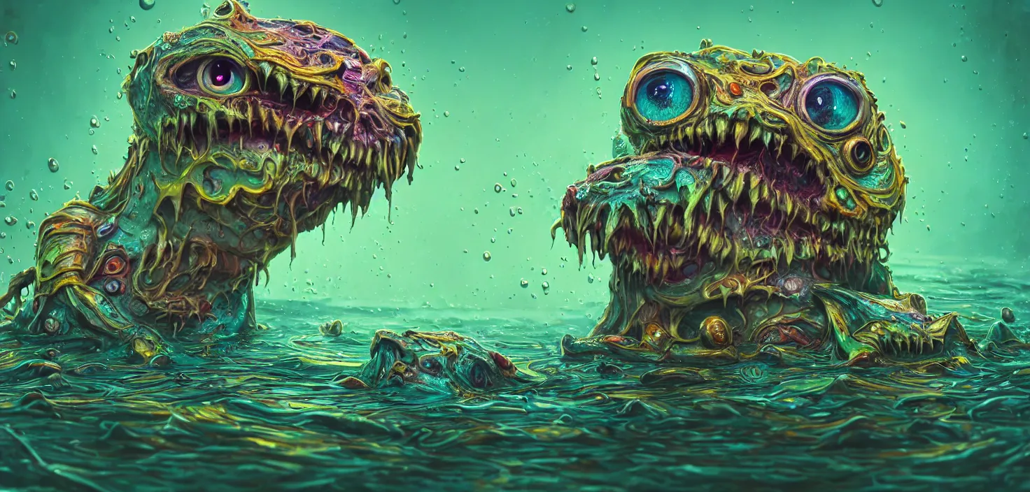 Prompt: intricate colourful murky with strange cute friendly angry crazy creatures with huge beauty!!! eyes long tongue triangle teeth and scary face appearing from the water, in the style of craola, shallow depth of field, highly detailed, digital painting, trending artstation, concept art, illustration, cinematic lighting, vibrant colors, photorealism, epic, octane render