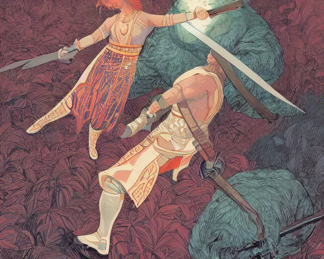 Image similar to a beautiful maiden sword fighting a big burly man, digital art, illustrated by james gurney and victo ngai