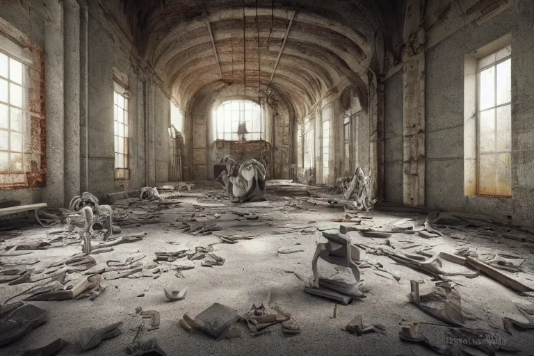 Image similar to inside a an abandoned marble sculpture workshop from the 1 8 0 0 s found in italy, artgerm, yoshitaka amano, gothic interior, 8 k, octane render, unreal engine