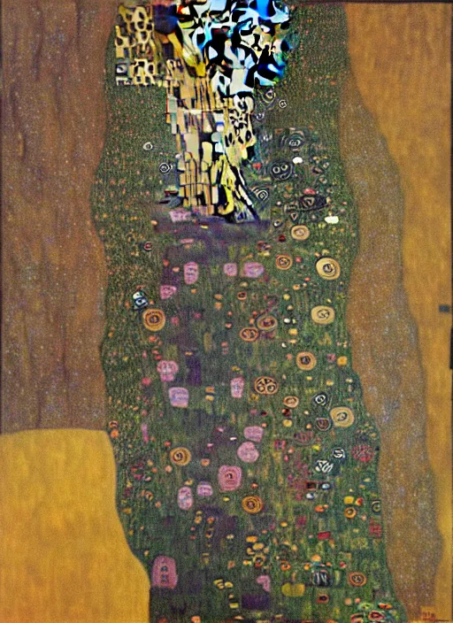 Image similar to cognitive optical illusions of landscape and four people in the foreground in extreme dynamic poses painted by gustav klimt