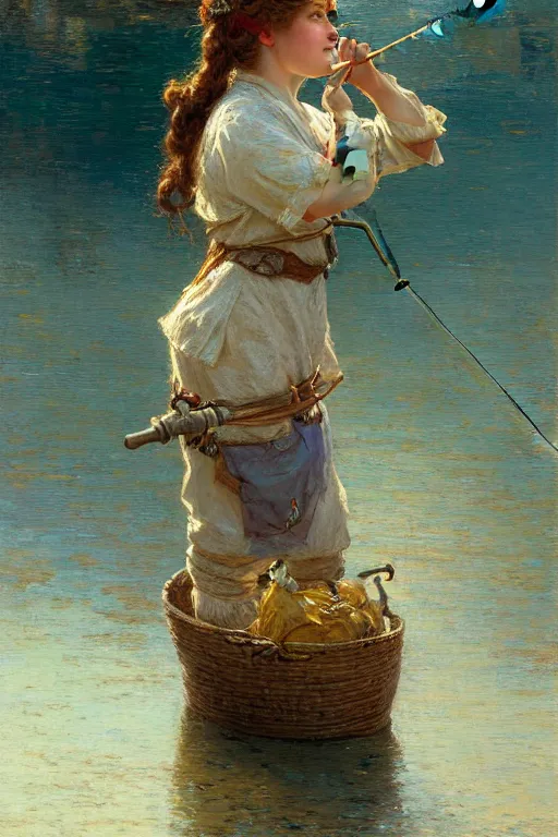 Image similar to fishing maid, highly detailed painting by gaston bussiere, craig mullins, j. c. leyendecker 8 k