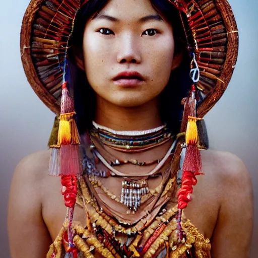 Image similar to vintage portrait of a stunningly beautiful asian tribal female, depth of field, zeiss lens, detailed, symmetrical, centered, fashion photoshoot, by edward s curtis, Annie Leibovitz and Steve McCurry, David Lazar, Jimmy Nelsson, Breathtaking, 8k resolution, extremely detailed, beautiful, establishing shot, artistic, hyperrealistic, beautiful face, octane render