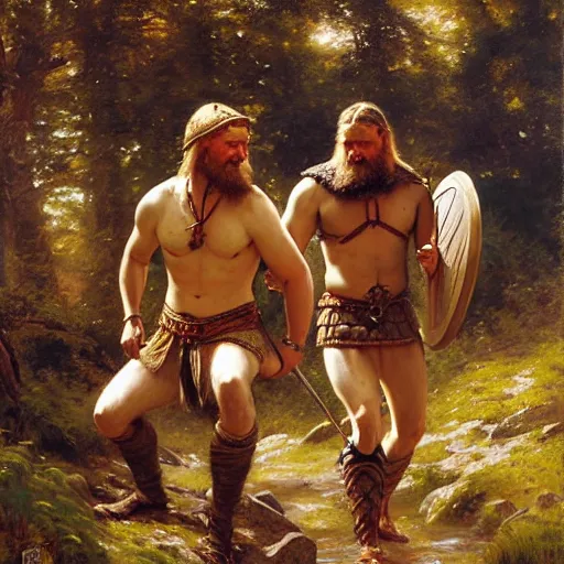 Image similar to 2 attractive male vikings frolicking in the forest. highly detailed painting by gaston bussiere, craig mullins, j. c. leyendecker, 8 k