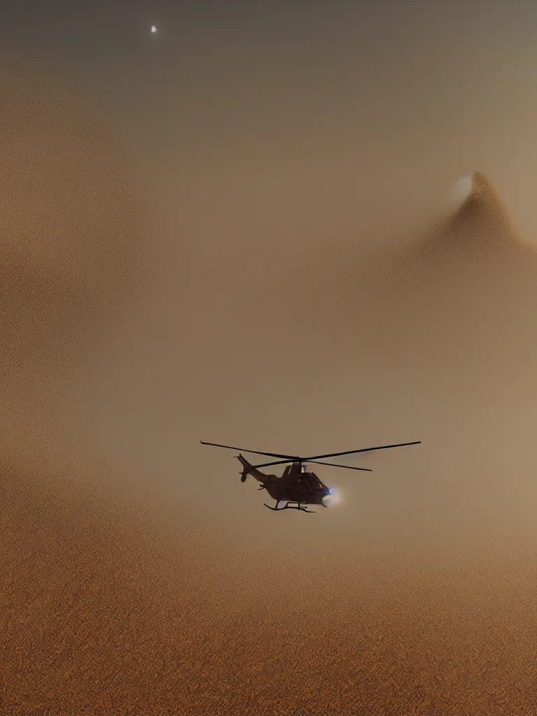 Image similar to close up!, photo of helicopter flying over a sand hills covered in dust, extremely detailed matte painting by jeremy geddes, featured on cg society, video art, reimagined by industrial light and magic, anamorphic lens flare, # vfxfriday