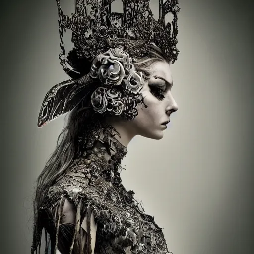 Prompt: a portrait of female model by stefan geselle and nekro borja, photorealistic, intricate details, hyper realistic, dark fantasy, ornate headpiece, dark beauty, photorealistic, canon r 3, photography, wide shot, photography, dark beauty