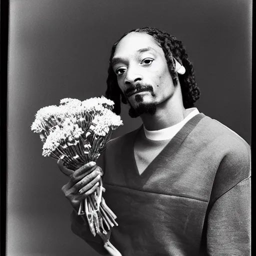 Prompt: Snoop Dogg holding a Vase of flowers for a 1990s sitcom tv show, in style of Julia Margaret Cameron, Studio Photograph, portrait, C 12.0