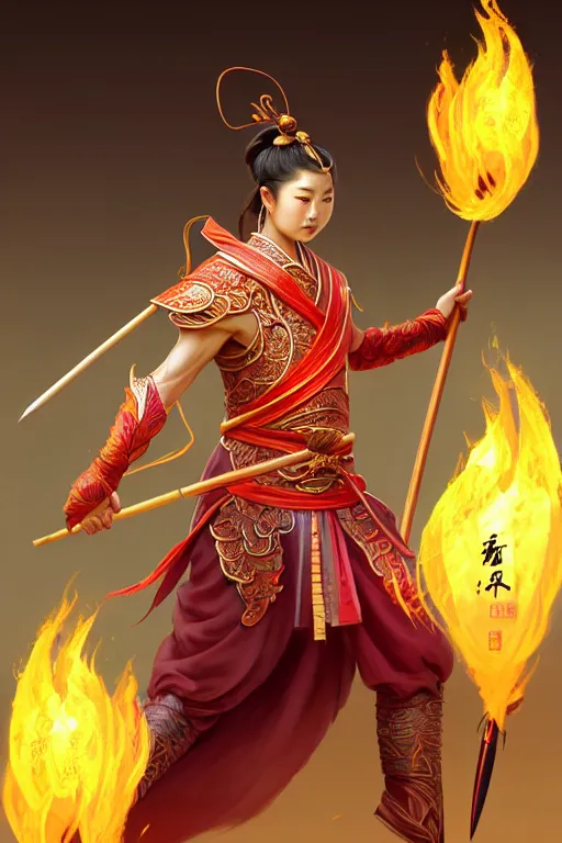 Image similar to cute nezha, highly detailed, man holding spear, flame everywhere, epic pose, masterpiece chinese fantasy character portrait, highly detailed, digital painting, trending on artstation, concept art, sharp focus, illustration, global illumination, ray tracing, realistic shaded, art by artgerm and greg rutkowski and fuji choko and viktoria gavrilenko and hoang lap