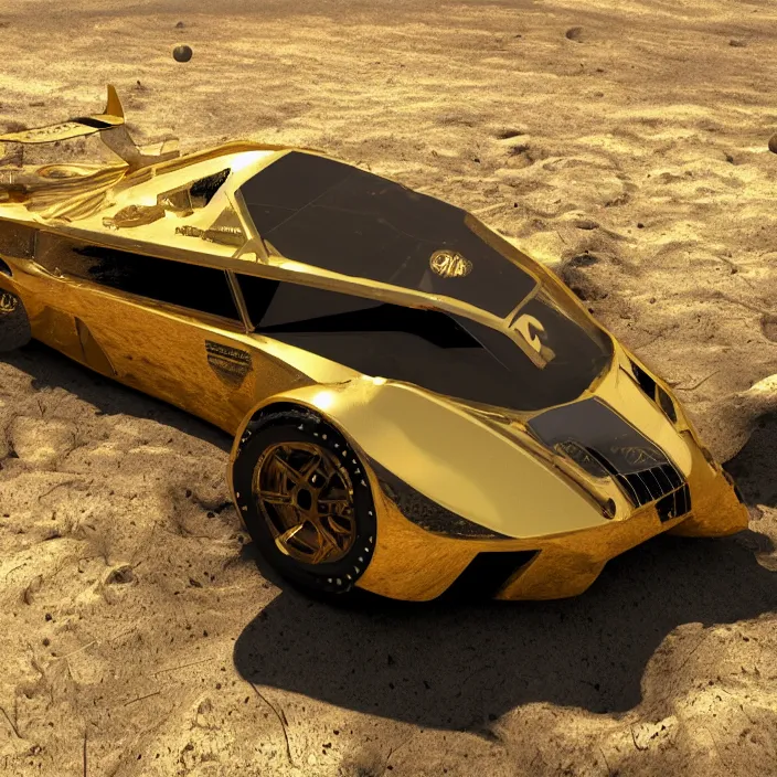 Prompt: a 3 d render of a golden glass racecar on the moon, 8 k, realistic, dynamic, artstation, digital art