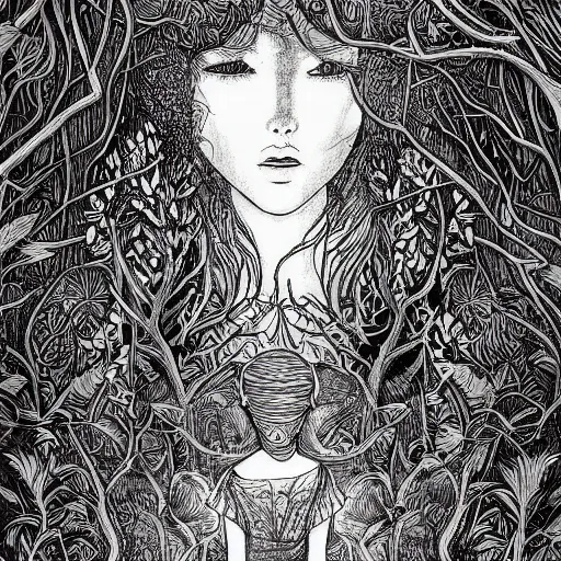 Image similar to a ultra detailed line art illustration of a red + haired + girl wandering alone in a mysterious forest, by thomke meyer and julia plath, intricate, fantasy, hyperdetailed