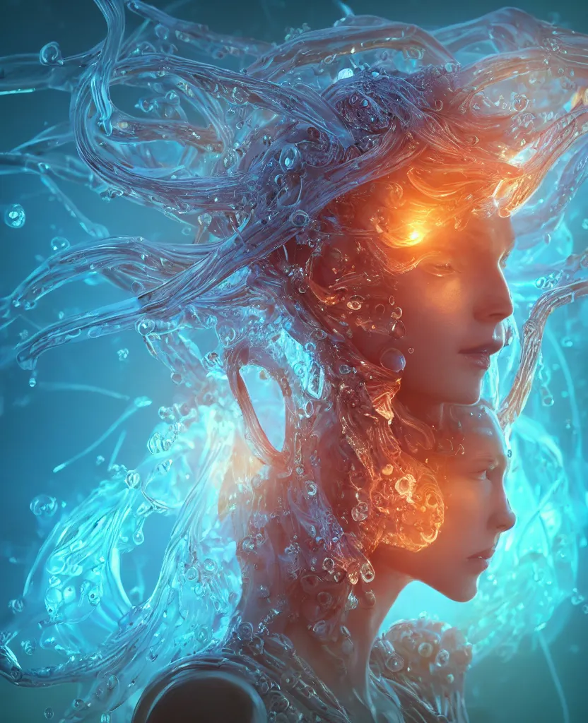 Image similar to close-up macro portrait of the face of a beautiful princess, epic angle and pose, symmetrical artwork, 3d with depth of field, blurred background, cybernetic jellyfish female face skull phoenix bird, translucent, nautilus, energy flows of water and fire. a highly detailed epic cinematic concept art CG render. made in Maya, Blender and Photoshop, octane render, excellent composition, cinematic dystopian brutalist atmosphere, dynamic dramatic cinematic lighting, aesthetic, very inspirational, arthouse. y Greg Rutkowski, Ilya Kuvshinov, WLOP, Stanley Artgerm Lau, Ruan Jia and Fenghua Zhong