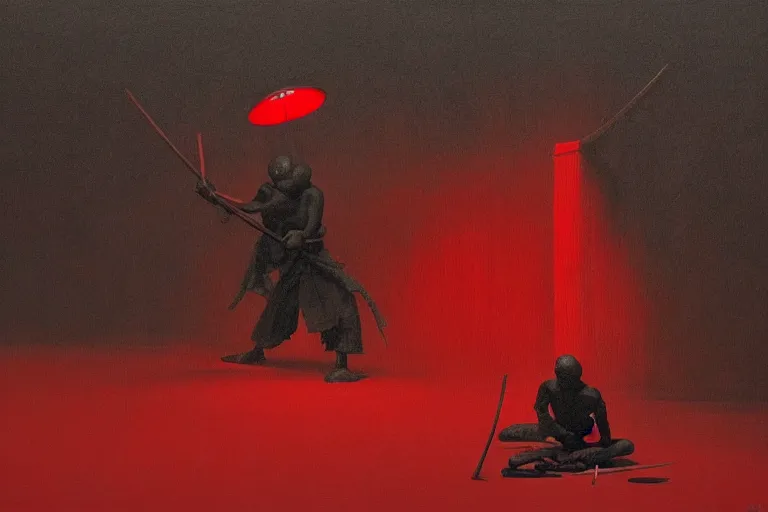 Image similar to only with red, a red samurai do seppuku, tokio, a lot of frogs watch, in the style of beksinski, parts by edward hopper, parts by rodcenko, parts by yue minjun, intricate and epic composition, red by caravaggio, insanely quality, highly detailed, masterpiece, red light, artstation, 4 k