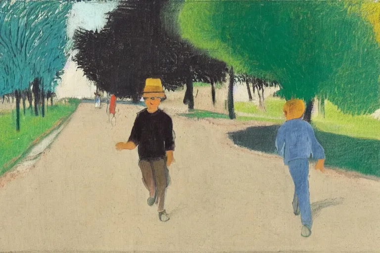 Image similar to a man with dark hair holding the hands of a young boy with dark hair as they walk down a suburban highway on a bright beautiful colorful day. part in the style of an edgar degas painting. part in the style of david hockney