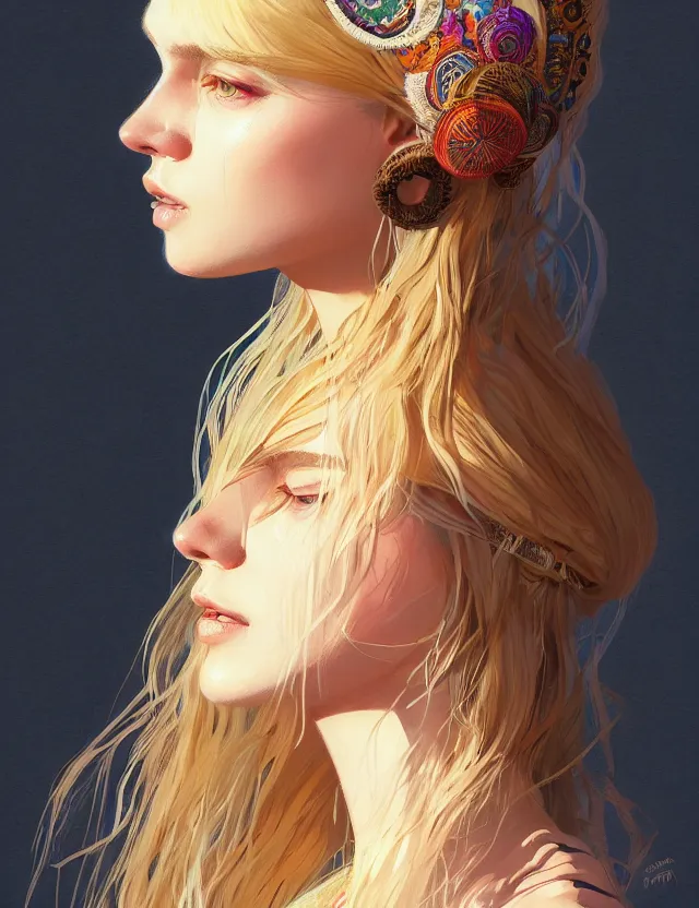 Image similar to portrait of a young woman wearing a boho dress, hippie girl, short blonde hair, groovy hairband, bangs, intricate, smooth, groovy lighting, highly detailed, digital painting, artstation, concept art, smooth, sharp focus, illustration, art by wlop, mars ravelo and greg rutkowski