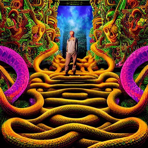 Image similar to Photorealistic man inside a temple made of snakes. Hyperdetailed photorealism, 108 megapixels, amazing depth, glowing rich colors, powerful imagery, psychedelic Overtones