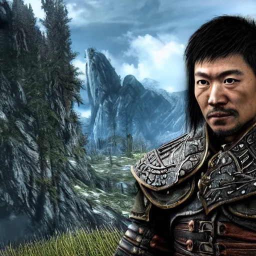 Image similar to 8k hyper realistic highly detailed HDR still of David Lo Pan in Skyrim