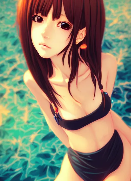 Prompt: portrait of beautiful young anime girl in bikini, cute-fine-face, pretty face, realistic shaded Perfect face, fine details. Anime, cyberpunk, Warhammer, highly detailed, artstation, illustration, art by Ilya Kuvshinov and Gustav Klimt