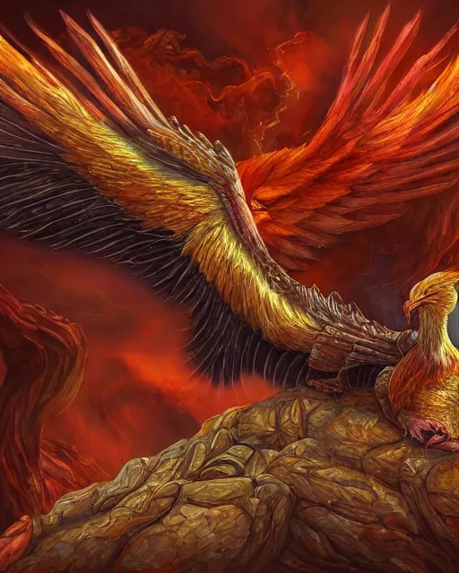 Prompt: ''Wallpaper of a phoenix resting, d&d, fantasy, detailed, digital art, art by alkemistry and draktau''