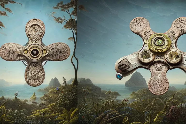 Image similar to a surreal and awe - inspiring single fidget spinner in a bare studio, intricate, elegant, highly detailed matte painting by ernst haeckel and simon stalenhag