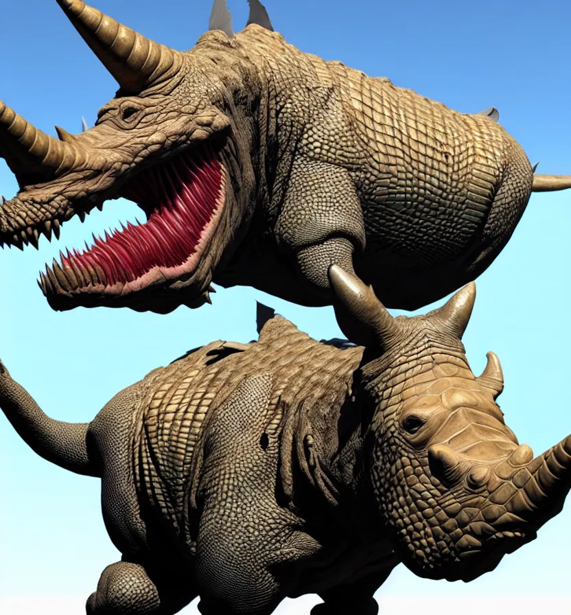 Prompt: nancy pelosi creature setting all : crocodile head : : 0. 5 the head has a symmetrical horn and tumor, and there is a rhino horn at the front of the beak, and the mouth is open to reveal a mouth full of fangs with huge wings, full body rich detail realistic photoreal photorealistic octane render 8 k