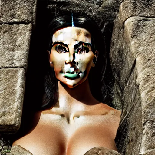 Prompt: detailed portrait of kim kardashian in mayan pyramid jungle ruins by rudolf weisse