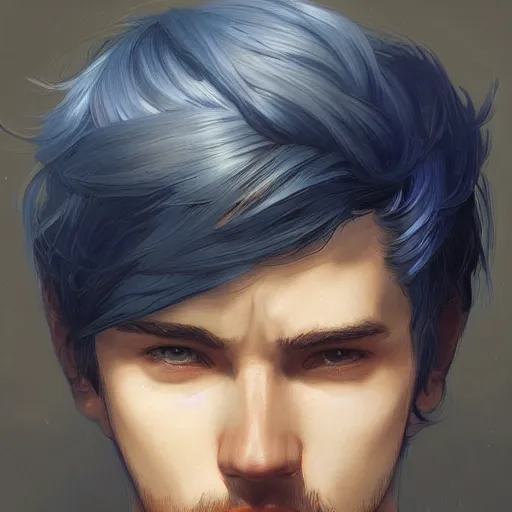 Prompt: young man, blue hair, short hair, elegant, tired, intricate, artstation, digital painting, highly detailed, sharp focus, by artgerm and greg rutkowski and alphonse mucha