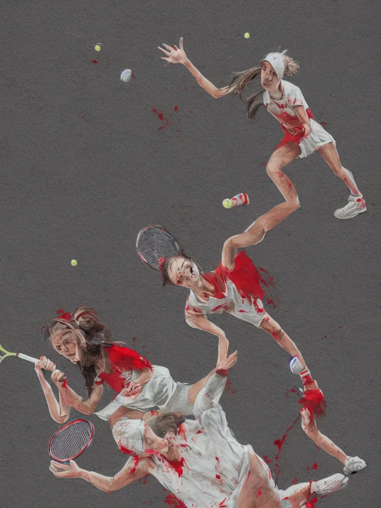 Image similar to young adult women playing tennis with a giant rabbit, blood stains on shirt, blood on tennis court, bleeding audience, illustration, traditional drawing style, dramatic mood, textured canvas, pastels, 8 k render octane high definition cgsociety