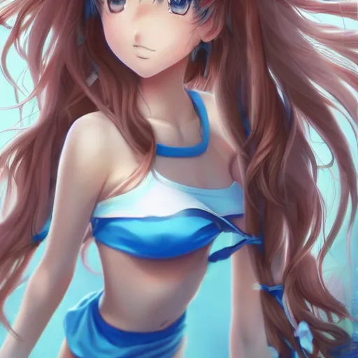 Image similar to a very beautiful young anime tennis girl, full body, long wavy blond hair, sky blue eyes, full round face, short smile, bikini, miniskirt, highly detailed, cinematic wallpaper by stanley artgerm lau
